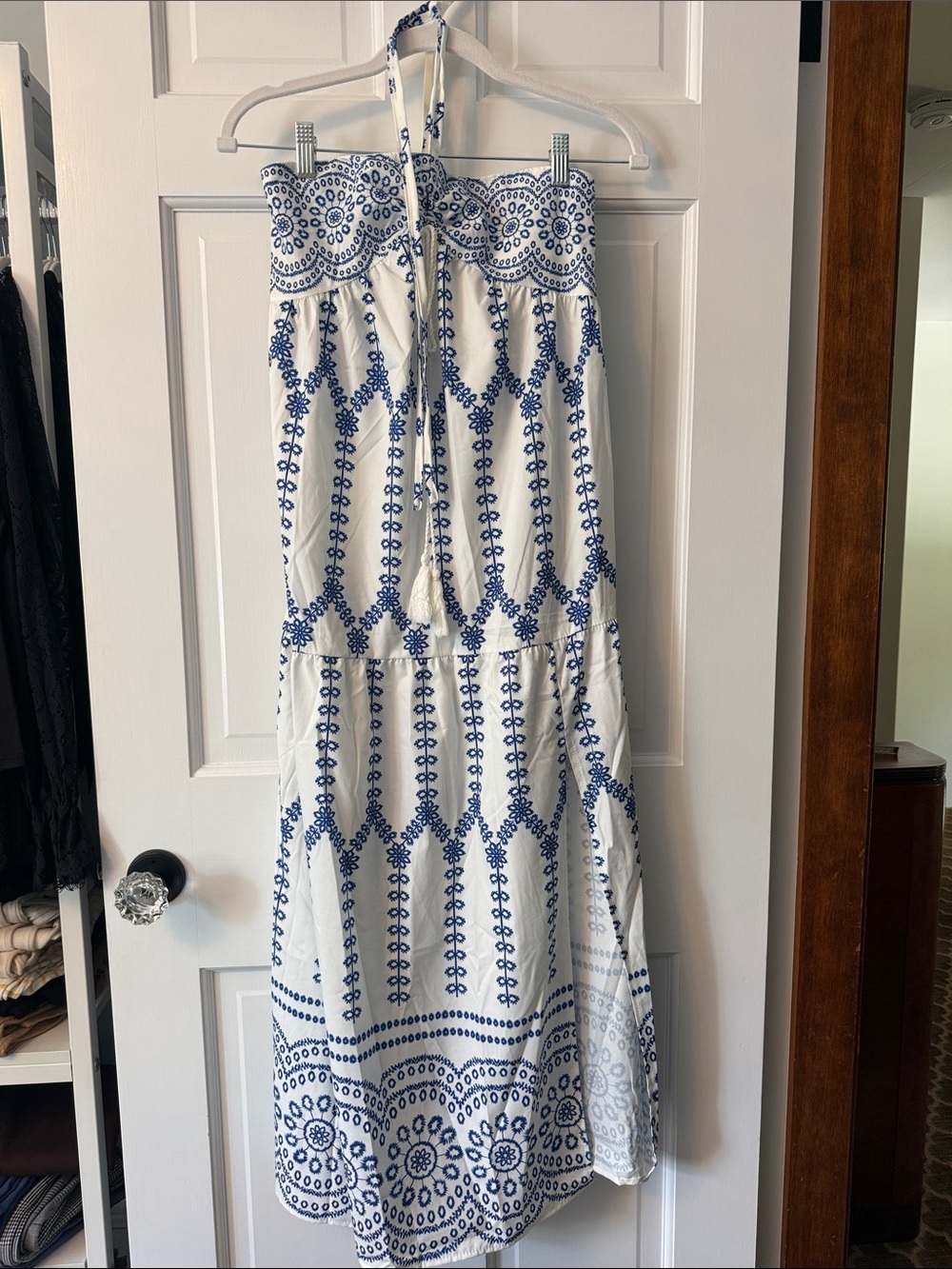 SHEIN White Maxi Dress with Blue Printed Pattern